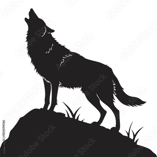 Vector illustration silhouette of a howling wolf standing atop a rocky outcrop with grass