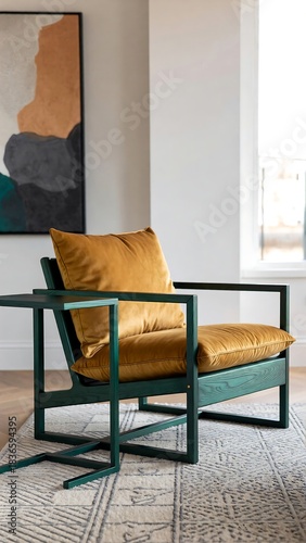 Stunning modern armchair with rich mustard velvet cushions anchors a contemporary, minimalist living space