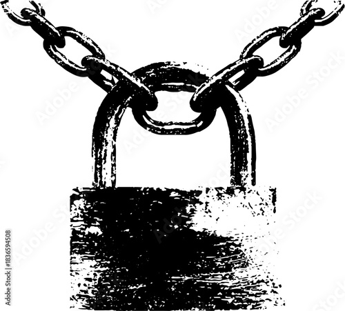 Black and white stencil illustration of heavy chain and locks for urban design and security themes