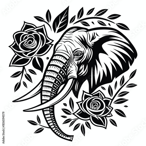 Vector illustration detailed black and white vector illustration of an elephant head surrounded by blooming roses and foliage