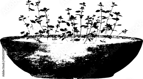Black and white stencil illustration of herbal leaves in rustic wooden bowl