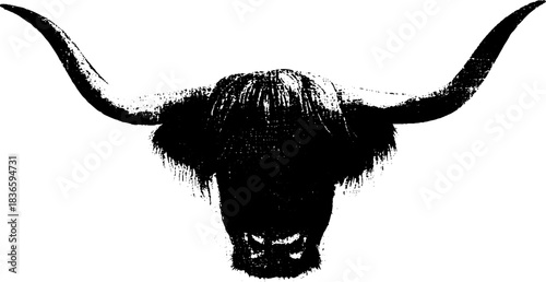 Black and white silhouette of highland cow with long horns for rustic design