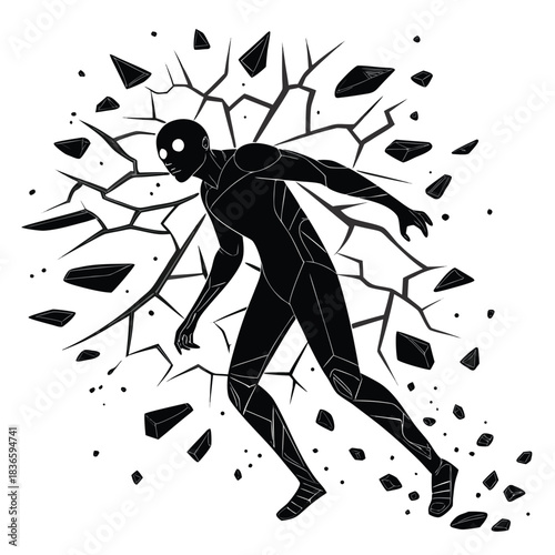 Vector illustration black silhouette of a powerful humanoid figure breaking through a cracked surface