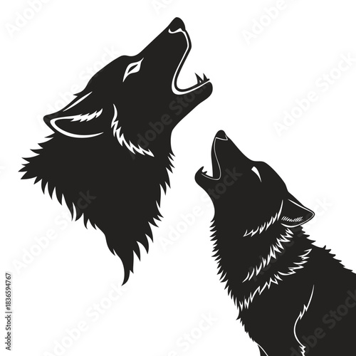 Vector illustration two black silhouette vector illustrations of wolves howling upwards