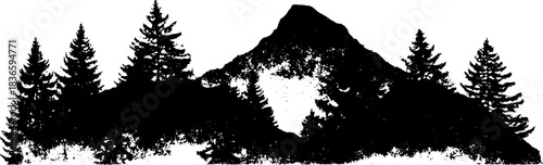 Black and white hill and forest silhouette stencil illustration for nature-inspired designs