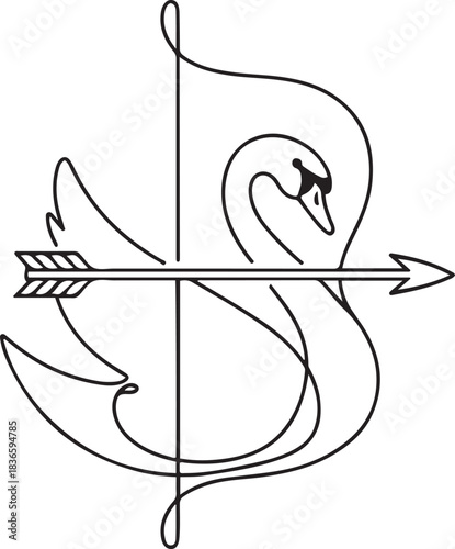 Bow and arrow, continuous line drawing, isolated vector illustration, tattoo, print and logo design, beautiful swan bird silhouette. one line Icon drawing