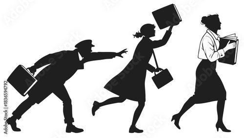Vector illustration silhouette illustration depicting a progression of people, possibly office workers or commuters, rushing forward with briefcases and documents