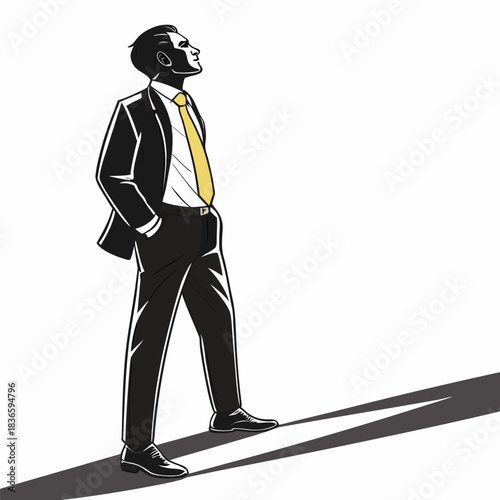 Vector illustration stylized illustration of a confident businessman in a suit looking upwards with a long shadow