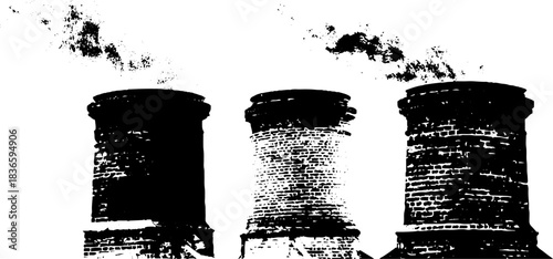 Black and white industrial rooftop stencil illustration with smokestacks for urban decor