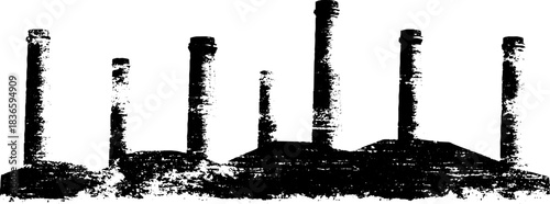 Black and white stencil illustration of industrial rooftop chimneys for urban art design