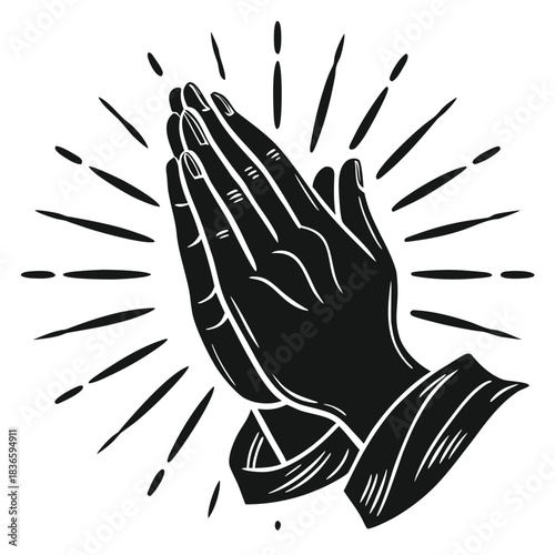 Vector illustration black and white illustration of two hands pressed together in a gesture of prayer or hope