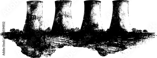 Industrial stencil artwork of cooling towers with grunge texture - design for urban decor