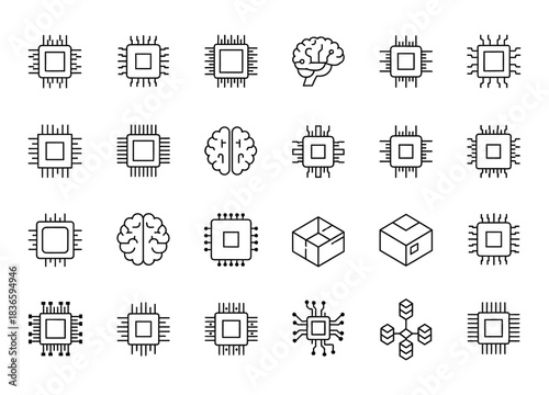 Set of handdrawn icons representing microchip, brain, and data structure concepts