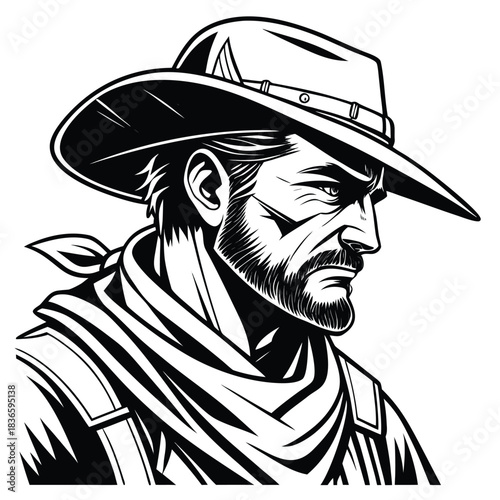Vector illustration black and white line art illustration of a rugged cowboy with a beard wearing a widebrimmed hat and bandana