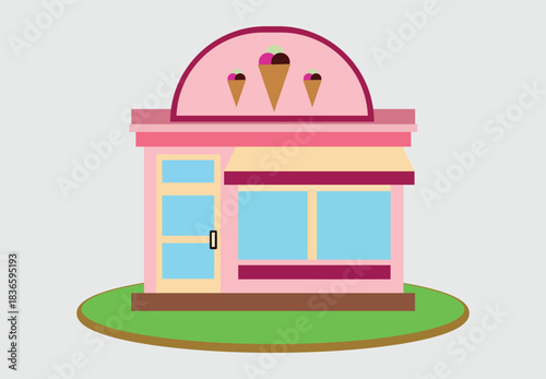 Illustration of a cute pink ice cream shop with waffle cone decorations