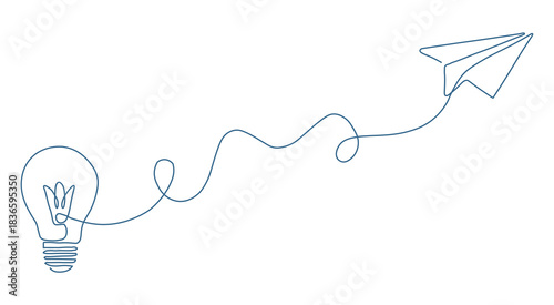 Reach new heights with creative ideas shown with a lightbulb and paper airplane, a modern design for startups and innovation, simple and clean design