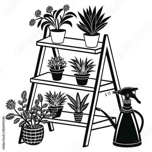 Vector illustration black and white illustration of various potted houseplants displayed on a tiered wooden plant stand with a spray bottle