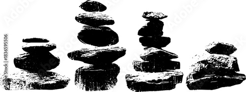 Layered glacial moraine stencil illustration with rock formations