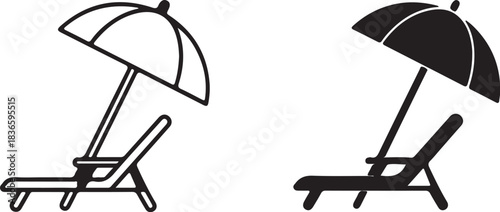 Beach Chair and Umbrella Icon in Outline and Silhouette lounge chair shade on transparent background