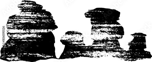Black and white stencil illustration of layered limestone formations for geology and earth science concepts