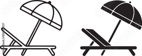 Beach Lounge Chair and Umbrella Icons Line Art and Silhouette vacation on transparent background