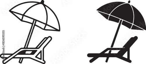 Beach Lounge Chair and Umbrella Icons Line Art and Silhouette vacation on transparent background