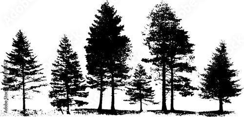 Black and white silhouette of layered pine forest stencil illustration for nature-inspired design