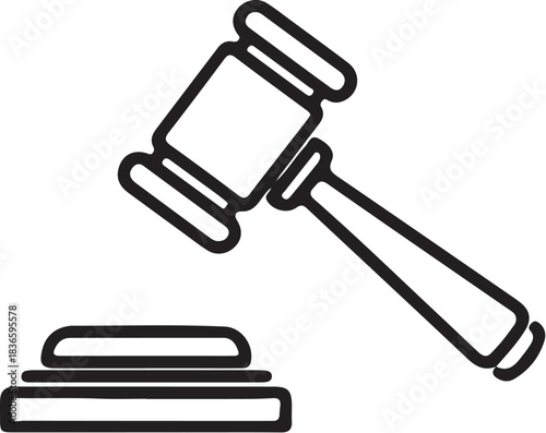 Black outline of a judge's gavel and sound block on a white background justice on transparent background