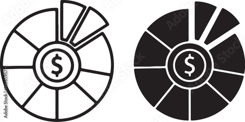 Financial Pie Chart with Dollar Sign Icons Line Art and Silhouette money finance on transparent background