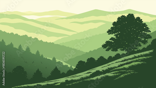 Vector illustration stylized illustration of rolling green hills and mountains layered in shades of green with a prominent oak tree on a slope