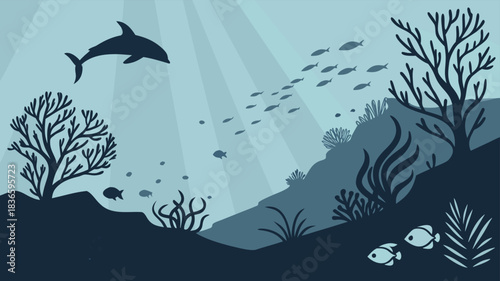 Vector illustration silhouette illustration of a dolphin swimming above coral and fish in the deep blue ocean water with sun rays filtering down