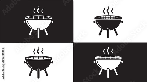 Four Barbecue Grill Icons in Black and White Contrasting Sections cooking food 
