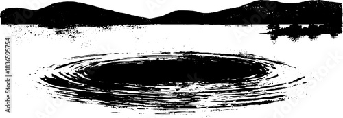Black and white stencil of lightly rippled lake with mountain silhouette for art design