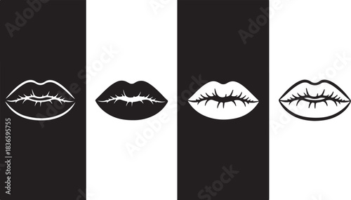 Four Lips Icons in Black and White Alternating Backgrounds mouth kiss on transparent background