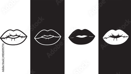 Four Stylized Lips Icons in Black and White Alternating Backgrounds mouth kiss\