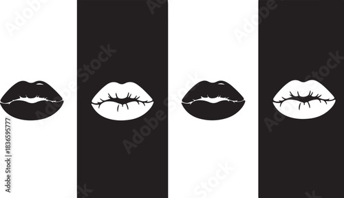 Four Pairs of Lips in Black and White Alternating Vertical Stripes mouth kiss 