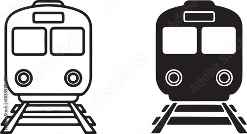 Front view of a train on tracks in outline and solid black versions railway railroad on transparent background