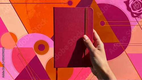 Elegant deep red journal held against a vibrant geometric abstract background featuring warm pinks and oranges