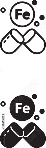 Two icons of iron supplement capsules with Fe symbol in outline and solid fill pill medicine on transparent background