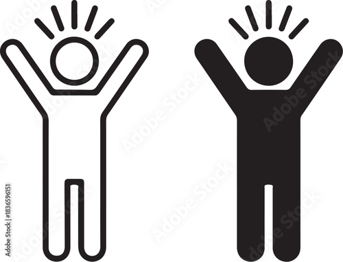 Two simplified icons of a person with arms raised, one outlined and one solid black, on a white background on transparent background