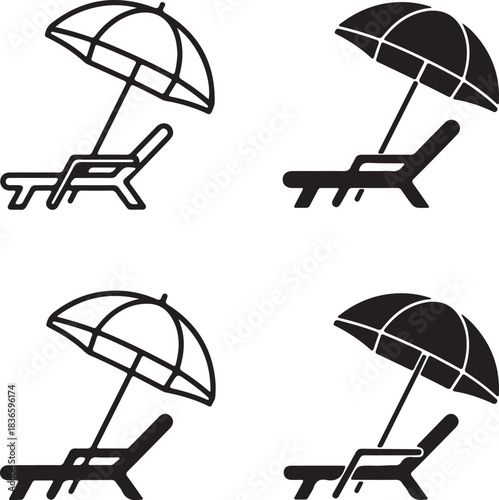 Two styles of beach chair and umbrella icons on a white background lounge chair sunshade on transparent background
