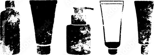 Minimalist black and white stencil illustration of skincare bottles for design and decor