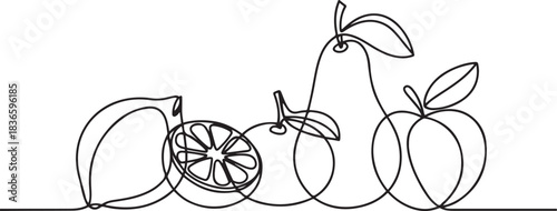 Abstract fruits drawing. Continuous one line art of fruits. Lemon lime mandarin pear peach fruit set. one line Icon drawing
