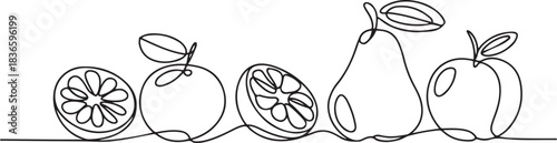 Abstract fruits drawing. Continuous one line art of fruits. Lemon lime mandarin pear peach fruit set. one line Icon drawing