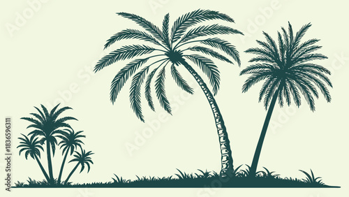 Vector illustration silhouetted illustration of several palm trees standing tall on a small patch of grassy tropical island terrain