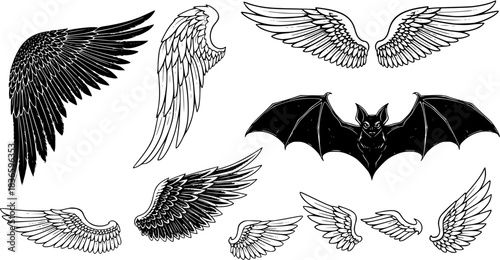wing vector set, wing logo designs. Various artistic wing illustrations, bird, angel, bat, eagle, and minimalist wing icons for branding, tattoos, emblems, or fantasy design projects