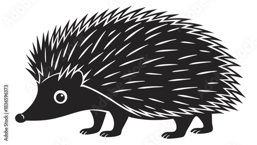 Vector illustration stylized black and white illustration of a hedgehog with prominent quills