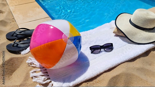Vibrant beach ball and sun essentials await relaxation beside sparkling blue pool water on sand
