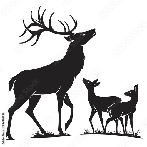 Vector illustration silhouette of a majestic stag with large antlers standing near two smaller deer