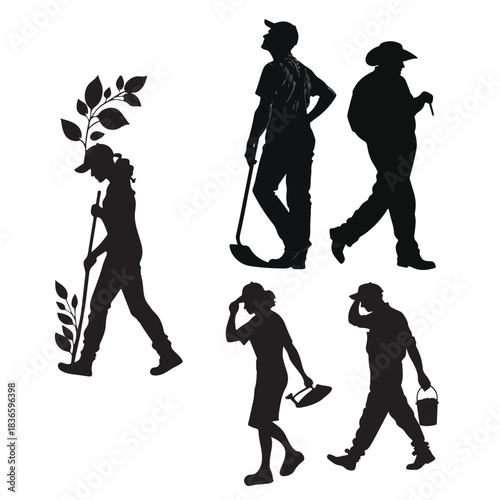 Vector illustration of silhouettes of people, family, photographer, mother, child, and couple dancing or walking for sport